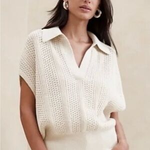 Banana Republic V neck Jeanette Sweater Polo oversized Large  Cream 100% Cotton
